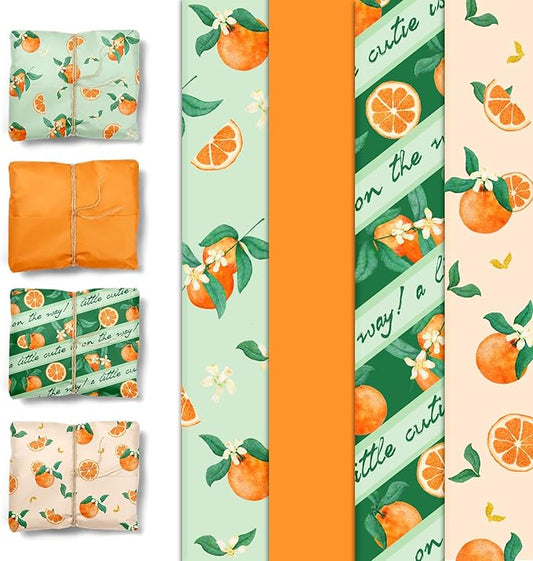 NICROHOME EUR Little Cutie Baby Shower Decorations Tissue Paper, 24 Sheets Orange Green Citrus Print Gift Tissue Wrapping Paper for Birthday, Summer Party, Fruit Party Craft Wrapping