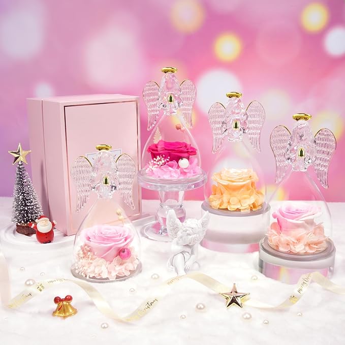 Sunia Preserved Flower Rose Gift for Women - Mother's Day Birthday Gifts for Mom Wife Grandma, Glass Angel Figurines Forever Real Roses Gifts for Her Valentine Day Thanksgiving﻿ (Sparkling Champagne)