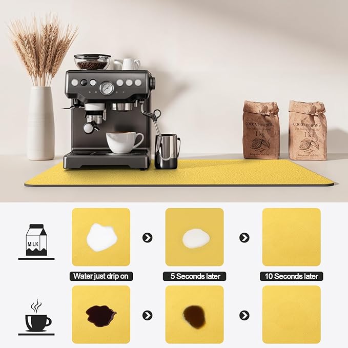 Dish Drying Mat for Kitchen Counter | Coffee Bar Mat for Countertops | Heat Resistant Drainer Mat with Non-slip Rubber Backed | Hide Stain Kitchen Absorbent Draining Mat | Yellow 18"x24"