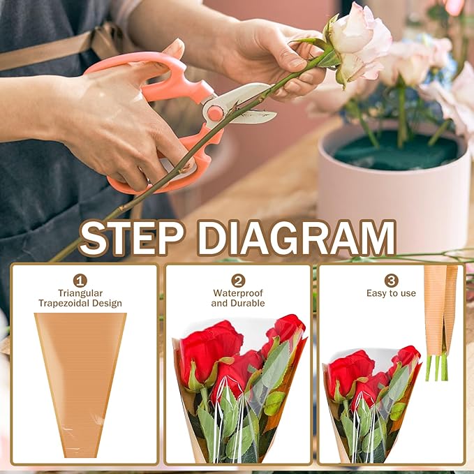 XABMU Flower Bouquet Bags - 50 Pack Kraft & Clear Floral Wrapping Sleeves for Wedding, Graduation, Mother’s Day Gifting & Florist Supplies