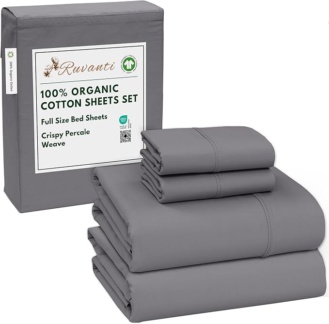 RUVANTI 100% Organic Cotton Sheets Full Size, Percale Weave, GOTS Certified, 4-Piece Set, Deep Pocket 15", Crisp & Breathable, Soft Durable Bedding, Sábanas Algodón Orgánico – Silver Filigree