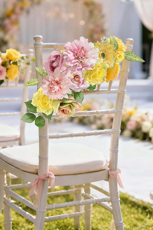 Yellow Pink Artificial Flowers Combo Set Fake Flower Leaf Box with Stemst for DIY Wedding Bridal Bouquet, Centerpieces, Home Decor, Floral Arrangement Decor