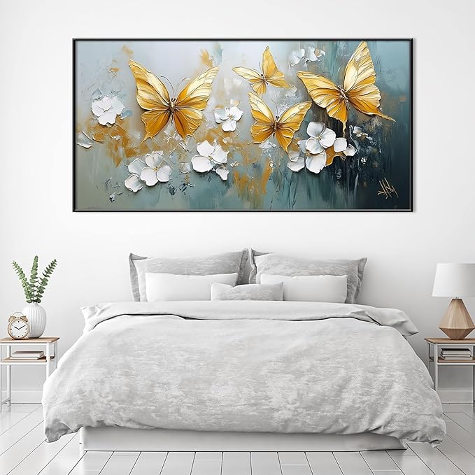 Butterfly Canvas Wall Art, Butterfly and Flower Wall Decor, Butterfly Prints, Abstract Textured Canvas Wall Art, Artwork for Walls, Oil Painting Wall Art, Wall Decor Living Room (Gold Frame, *39"x19"|100x50cm)