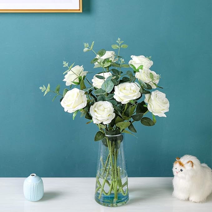 Hawesome 12PCS Artificial Silk Flowers Realistic Roses Bouquet Long Stem for Home Wedding Decoration Party (12PCS-Cream White 1)