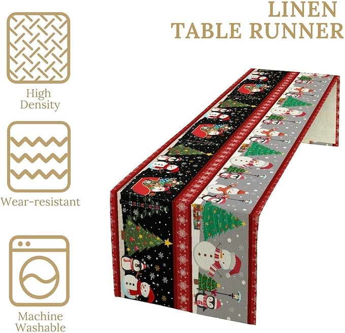 Christmas Table Runner,Cartoon Snowman Tree Xmas Deer Elk Santa Claus Print Tablecloth Burlap for Hotel Indoors Outdoor Dining Room Kitchen Home Decor,W13X L108 in