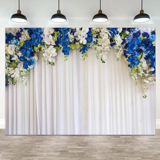 10x8ft White Wedding Backdrop White Blue Floral Flowers Photography Background Bride Groom Ceremony Party Bridal Shower Banner Decorations Engagement Proposal Portrait Photo Booth Prop