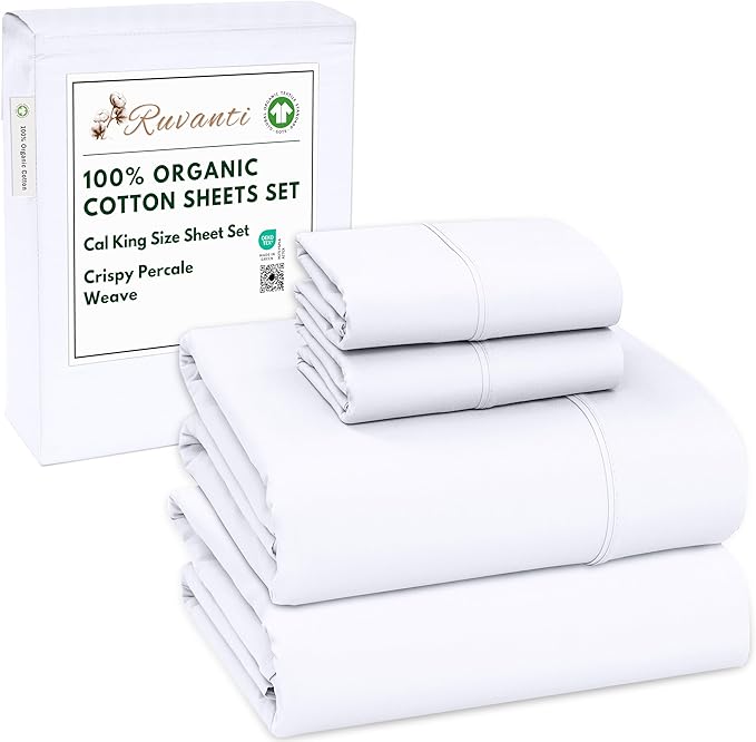 RUVANTI 100% Organic Cotton Sheets California King, Percale Weave, GOTS Certified, 4-Piece Set, Deep Pocket 13", Crisp & Breathable, Soft Durable Bedding, Sábanas Algodón Orgánico – Bright White