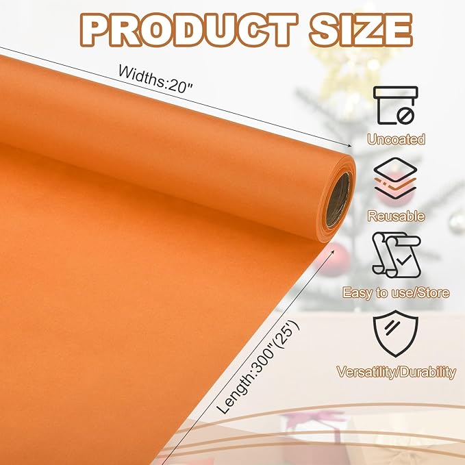 PATIKIL Wrapping Paper, 20" x 300"(25') 70 GSM Craft Paper Roll Kraft Packing Paper for Poster Bulletin Board, Gift Wrapping, Orange