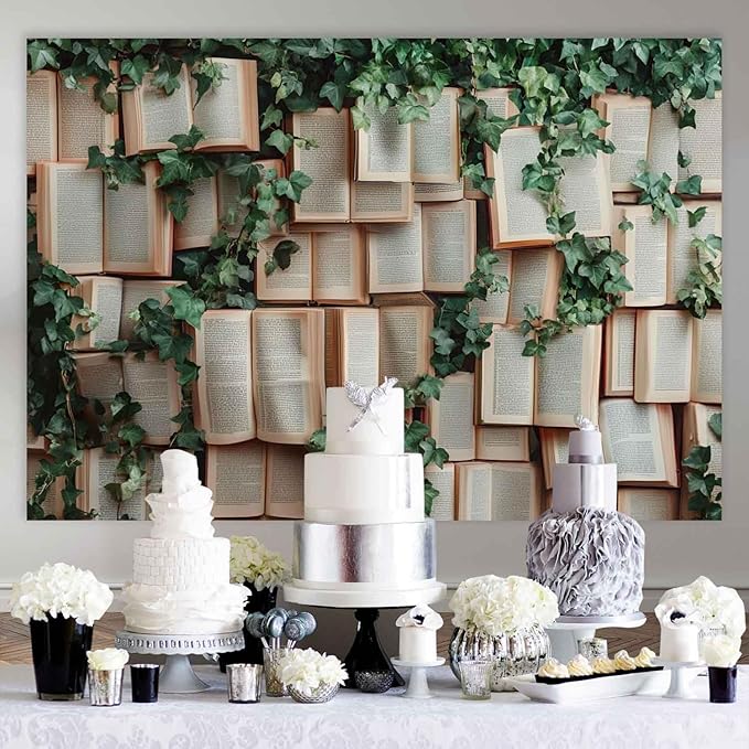 7x5ft Book Photo Backdrop Leaves Photography Background Book Vines Wallpaper Princess Birthday Party Cake Table Decorations Photoshoot KUBYW007