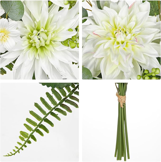 Dahlia Artificial Flowers 12PCS Fake White Flowers Realistic Dahlia Daisies Silk Flower Long Stems Faux Flowers for Vase Floral Centerpiece Arrangements Wedding DIY Bridal Bouquet Party Home Decor