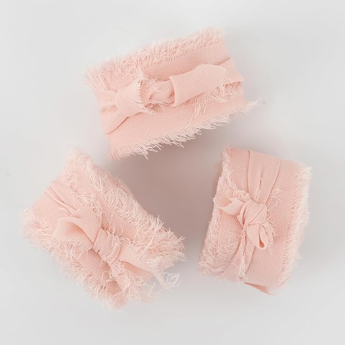 MEEDEE Blush Chiffon Ribbon 1 Inch Fringe Ribbon Pink Chiffon Silk Frayed Edge Ribbons Thin Chiffon Ribbons for Crafts, Gift Wrapping, Wedding Invitation (3 Rolls 21 Yards)