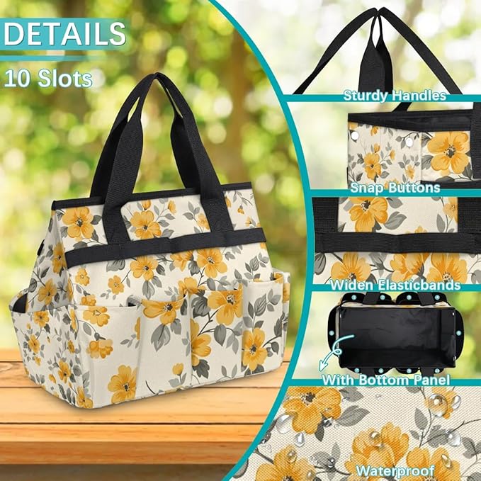 Garden Tool Bag Organizer Garden Tote Bag with Pockets Patterned Floral Print Tool Storage Organizer Gardening Tool Kit Holder 13" x 6.8" x 2.8"