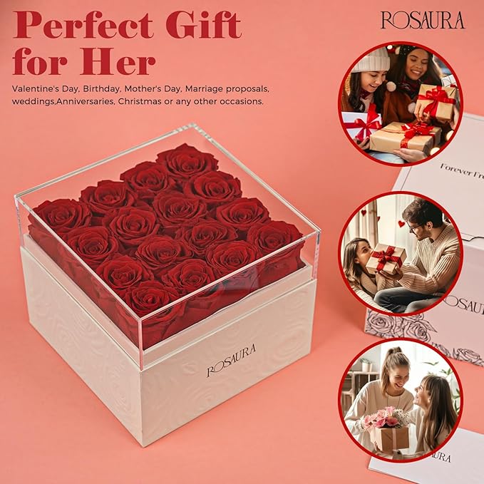 Rosaura Square Preserved Roses Gift Box - Real Forever Flowers in Clear Acrylic Lid, Valentine's for Women (red, 16 Roses)