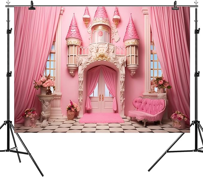 15x8ft Pink Castle Backdrop Room Door Curtain Photography Background Flowers Vases Sofa Princess Girl Birthday Banner Decorations Newborn Baby Shower Wedding Party Portrait Photo Booth Prop