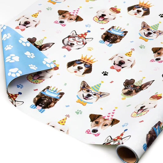 WERNNSAI Dog Party Wrapping Paper - 1 Roll 17”x 16.4ft Puppy Birthday Celebrity Gift Wrap Supply Happy Birthday Wrapping Paper for Kids Baby Boy Shower Party Favor