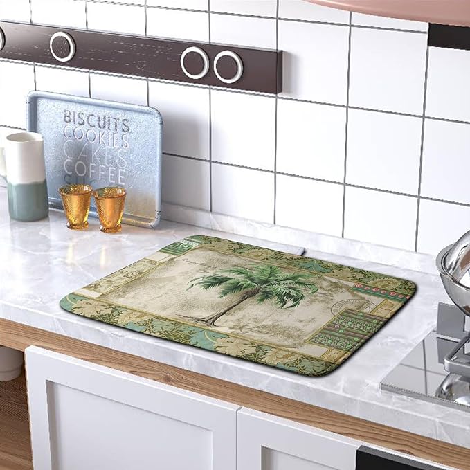 Palm Tree Kitchen Dish Drying Mat for Dishes 18x24 Inch Summer Vintage Tropical Leaves Green Jungle Plant Drying Mat Botanical Dish Drainer Mat Super Absorbent Dish Rack Pad for Coffee Bar Sinks