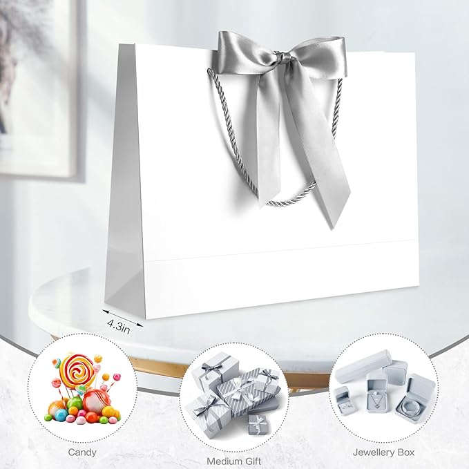 JMANNI Gift Bags, 2Pcs Paper Gift Bag with 4 Tissue Papers and 2 Cards, Present Bags with Handles for Women Girls Bridesmaid Birthday Valentines Wedding Party, White