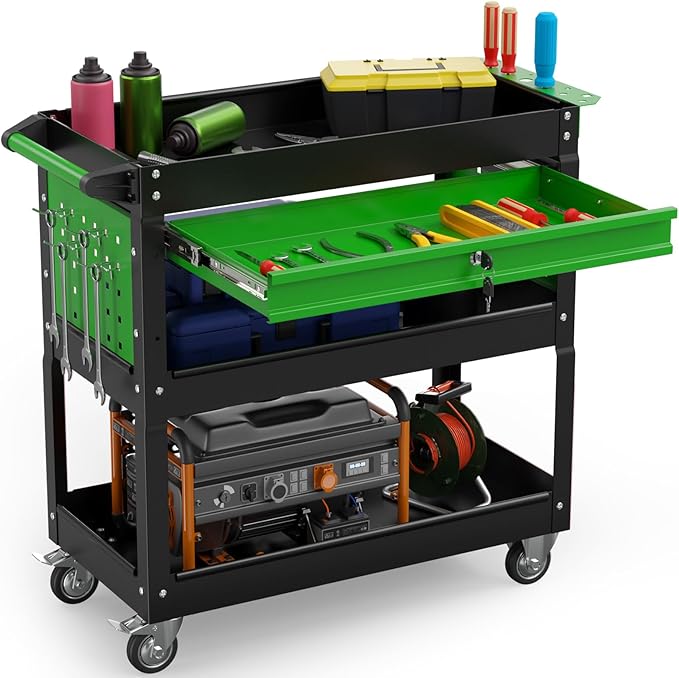 3 Tier Rolling Tool Cart on Wheels, 450 LBS Capacity Tool Cart with Drawers, Heavy Duty Rolling Utility Cart on Wheels, Rolling Work Carts for Garage, Warehouse and Repair Shop,Black Green