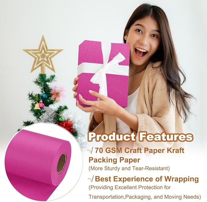PATIKIL Wrapping Paper, 15" x 800"(66') 70 GSM Craft Paper Roll Kraft Packing Paper for Poster Bulletin Board, Gift Wrapping, Rose Pink