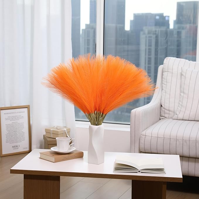 Faux Orange Pampas Grass - 60 pcs 24 Inch Artificial Pampas Grass Decor, Tall Pampas Grass for Floor Vase, Table Centerpieces, Wedding, Party and Living Room Decor (Orange, 60 Pieces)