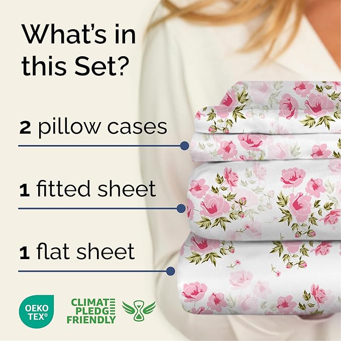 Floral Sheets - Pink Floral Bed Sheet Set - 1 Flat, 1 Fitted & 2 Pillowcases w/ Deep Pockets - Comfy, Wrinkle & Fade Free - Boho Botanical Bedding - Ultra-Soft, Breathable & Cooling - Full Size Set