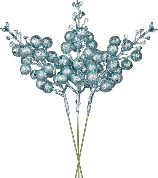 Red Berries, 14 Pack Artificial Berry Stems for Christmas Tree Decorations, Crafts, Holiday and Home Decor, 7.9 Inches (Light Blue)