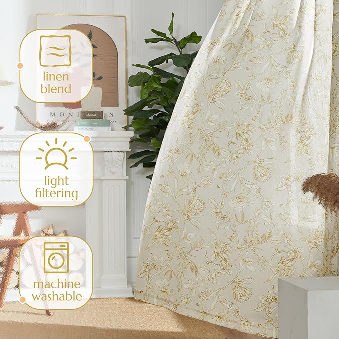 jinchan Floral Curtains 108 Inch Length Mustard Yellow Flower Linen Farmhouse Curtain for Living Room French Country Vintage Curtain Rod Pocket Curtains Set 2 Panels Floral Printed