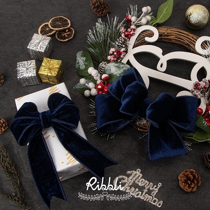 Ribbli Navy Velvet Wired Ribbon 2.5 Inch Velvet with Satin Christmas Ribbon for Gift Wrapping Christmas Tree Decoration Crafts Wreaths Supplies-Continuous 10 Yards
