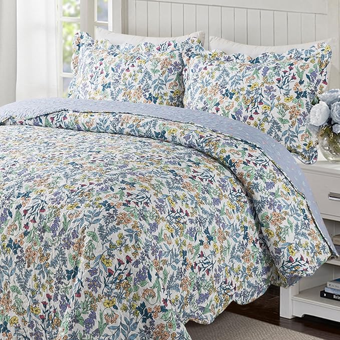 Travan 3-Piece Quilt Set Quilted Bedspread Lightweight Coverlet Set Garden Style Floral Printed Oversized Quilted Bedding Set for All Season, Secret Garden, King Size