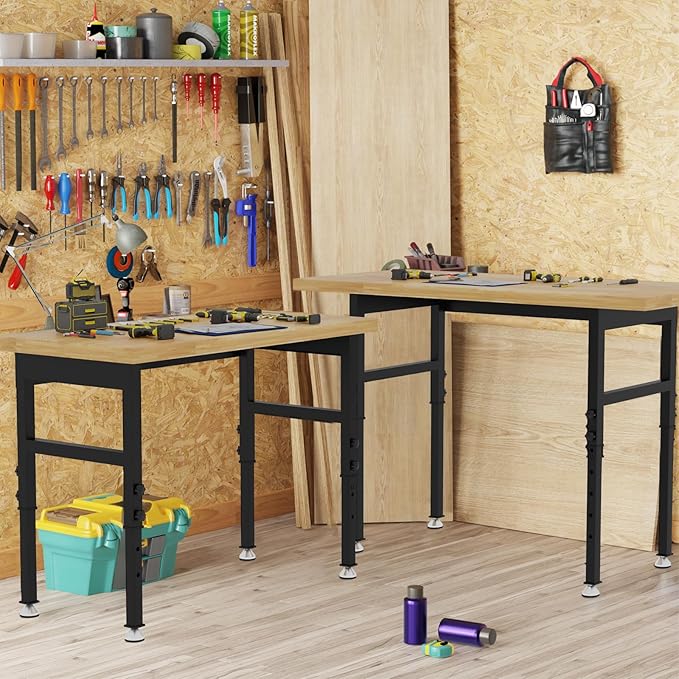 48'' Adjustable Workbench, Solid Wood Work Bench Table, Metal Tool Bench Work Bench with Power Outlet, Heavy Duty Large Load Capacity Garage Workbench Workshop Table for Workshop,Office,Home