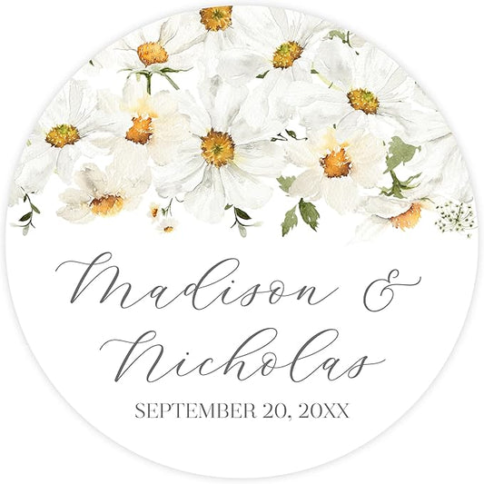 Personalized Floral Wedding Stickers with Your Choice of 30 Flower Styles - Choose Font and One of Five Pre-made Phrases or Add Custom Text (028 - Daisies)