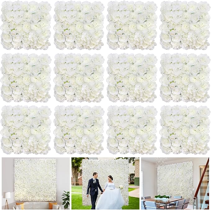 Silk Flower Wall Panels Backdrop 15 * 15inch- 12Pcs Wedding Wall DIY 3D Floral Panels Handmade Fake Flower Screen for Photo Photography Party Event Baby Shower Wall Background Décor-White