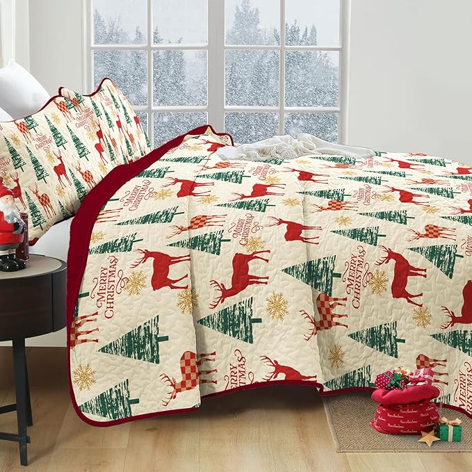 Dinjoy Red Beige Quilt Set King Size,Christmas Quilt Bedding Set Soft Bedspreads with 2 Pillowshams Lightweight Snowflake Xmas Gifts Wildlife Bed Coverlet for Kids Teens Adults 90" x 104"