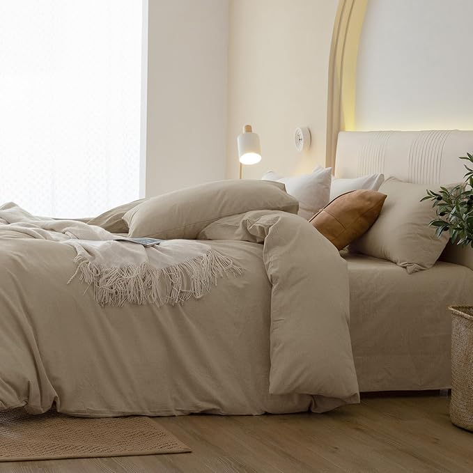 JIYUAN 100% Washed Cotton Duvet Cover Set 2 Pieces Twin, 1 Duvet Cover 68x90 Inches(Comforter Not Included) and 1 Pillowcases,Linen Feel Bedding Set Comfy and Breathable, Heathered Tan
