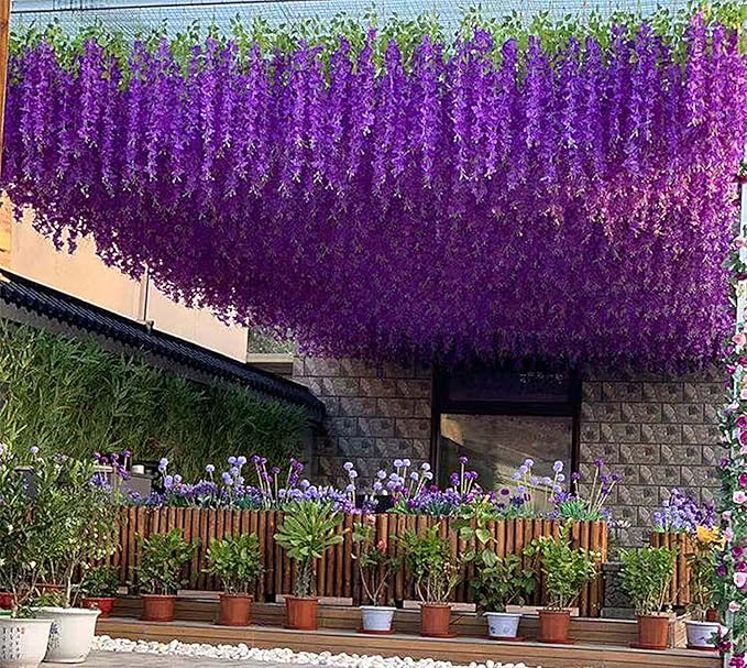 Artificial Wisteria Hanging Flowers-Fake Wisteria Flower Garland Silk Vines Rattan Decor for Home Wedding Arch Wall Garden Greenery Bedroom Outdoor Office Party Decoration (24, Purple)