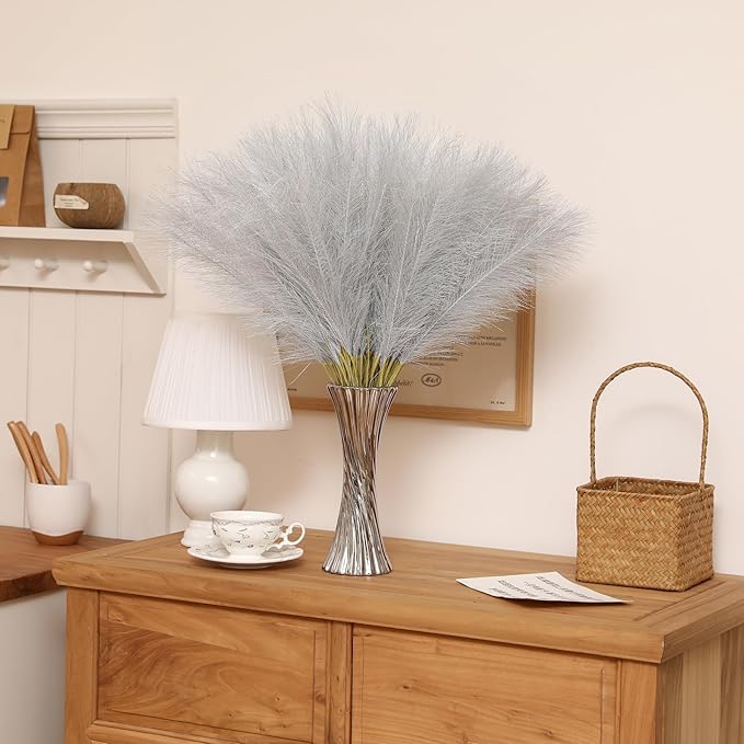 Faux Silver Pampas Grass - 30pcs 24 Inch Short Artificial Pampas Grass Decor, Fake Pompas Floral for Vase Filler, Wedding Flower Arrangement, Party and Home Decor (Silver, 30 Pieces)