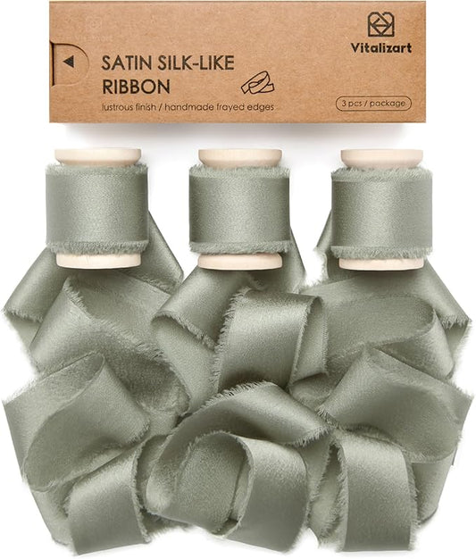 Vitalizart Dusty Sage Green Silk Satin Ribbon 1 Inch x 15 Yard Handmade Frayed Chiffon Ribbon with Wooden Spool for Gift Wrapping, Wedding, Bridal, Flower Bouquets, Home Decor