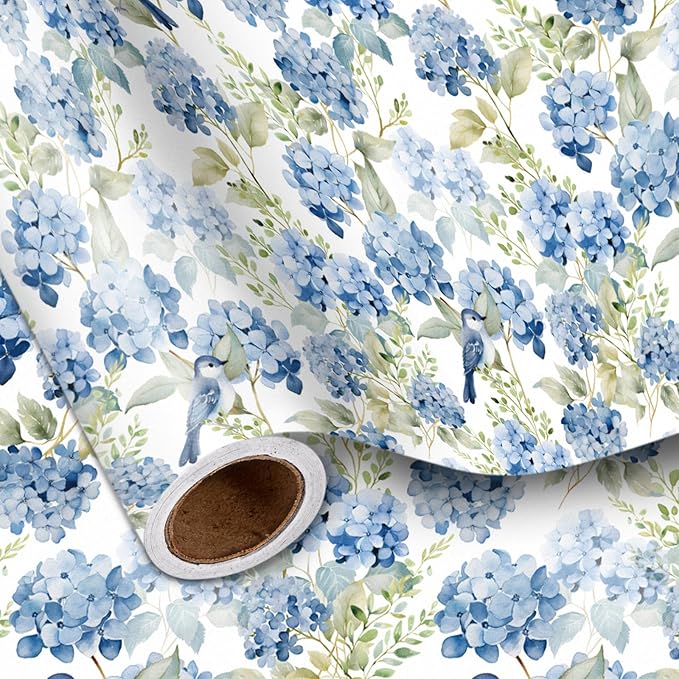 LeZakaa Hydrangea Wrapping Paper Roll, Whimsical Blue Bird Flowers Design for Wedding Bridal Shower Birthday Baby Shower, Kids' Parties, Girls, Boys, Mini Roll 17 in x 16.4 Ft
