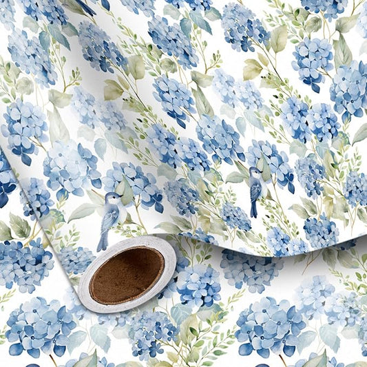LeZakaa Hydrangea Wrapping Paper Roll, Whimsical Blue Bird Flowers Design for Wedding Bridal Shower Birthday Baby Shower, Kids' Parties, Girls, Boys, Mini Roll 17 in x 16.4 Ft