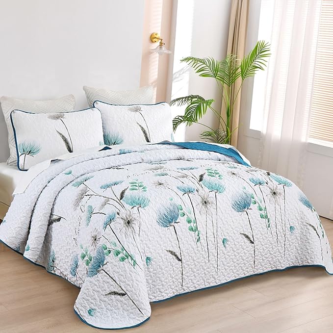Dinjoy King Size Quilt Set Floral,3 Pieces Teal & White Quilts Coverlet Set Flower Bedspreads Bed Cover Lightweight Grey Quilt Boho Bedding Sets for King Bed All Season110 x90