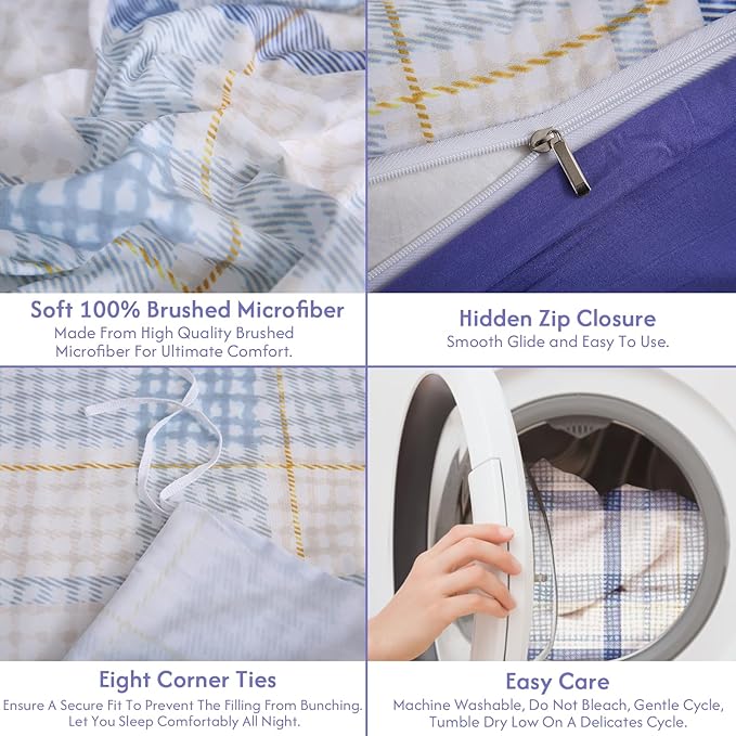 LONAVA Queen Plaid 3 Pcs Duvet Cover Set, Breathable Soft Microfiber Peri Lining Comforter Cover with Zipper Closure, and 2 Anti-Pilling, Fade Resistant Pillowcases, Blue Plaid