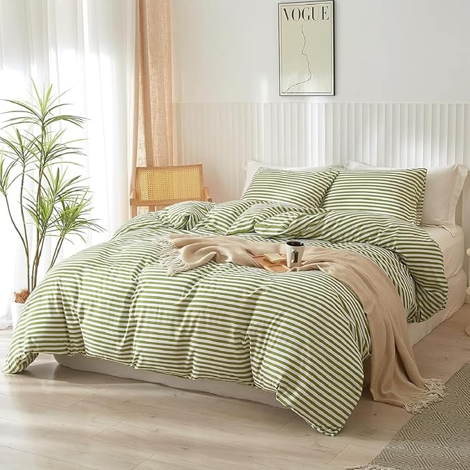 Striped Comforter Set Queen Size 3 Pieces Lightweight Striped Bedding Comforter Set Green White Stripes Pattern Farmhouse Bed Set Soft Fluffy Comforter with 2 Pillowcases for All Seasons Queen Size