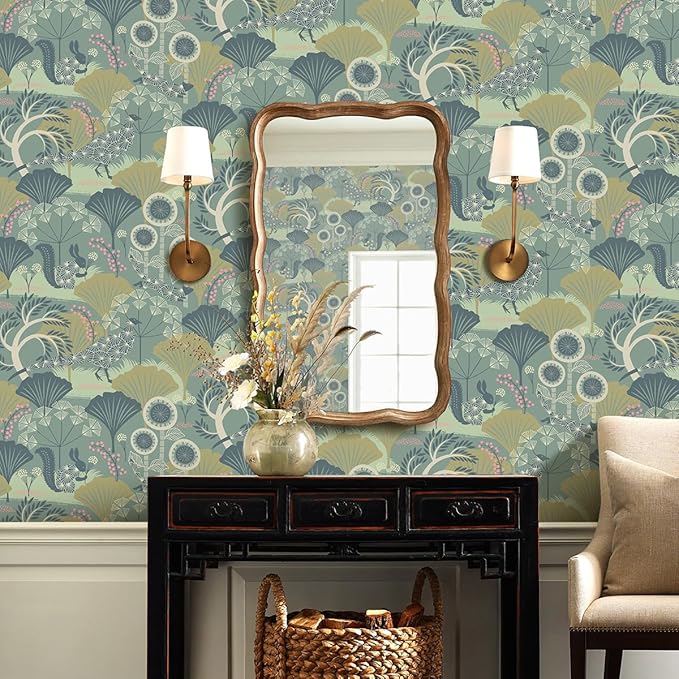 Wudnaye Green Floral Peel and Stick Wallpaper Vintage Contact Paper for Cabinets 17.7inch×118.1inch Neutral Peacock Removable Wallpaper Self Adhesive Boho Wall Paper for Bedroom Cabinet Decor Vinyl