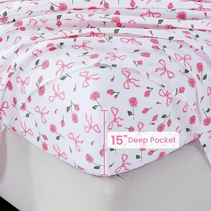 Softan Pink Floral King Bed Sheets, Cozy Microfiber Flower Printed Sheets with 15" Deep Pocket Fitted Sheet & Non-Slip Straps, Patterned Pink Rose - Bow Sheets & Pillowcase Set