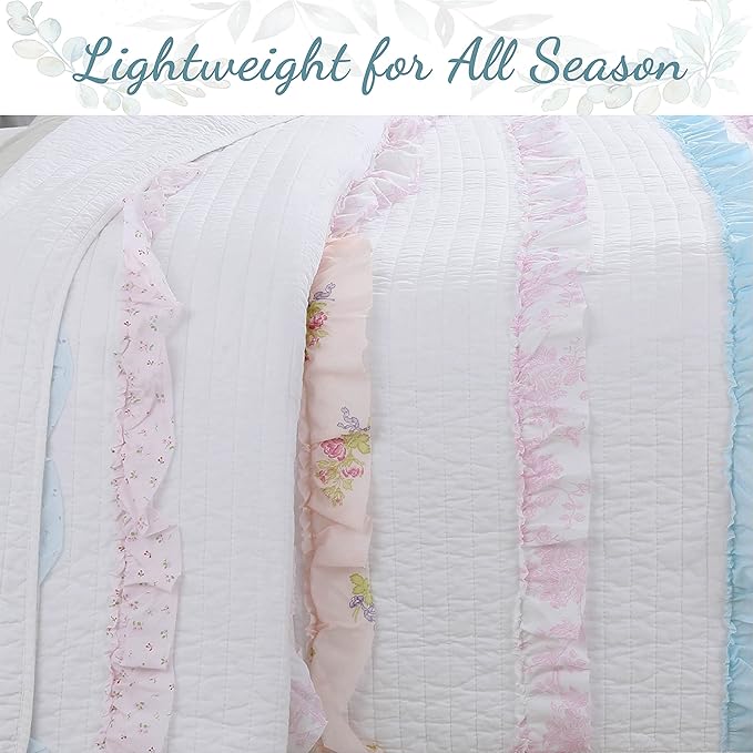Cozy Line Home Fashions 100% Cotton Chic Ruffle Light Lavender Orchid Blue Flower Print Stripe Bedding Quilt Set, Reversible Coverlet, Bedspread (Chic Ruffle, Queen + Décor Pillows)