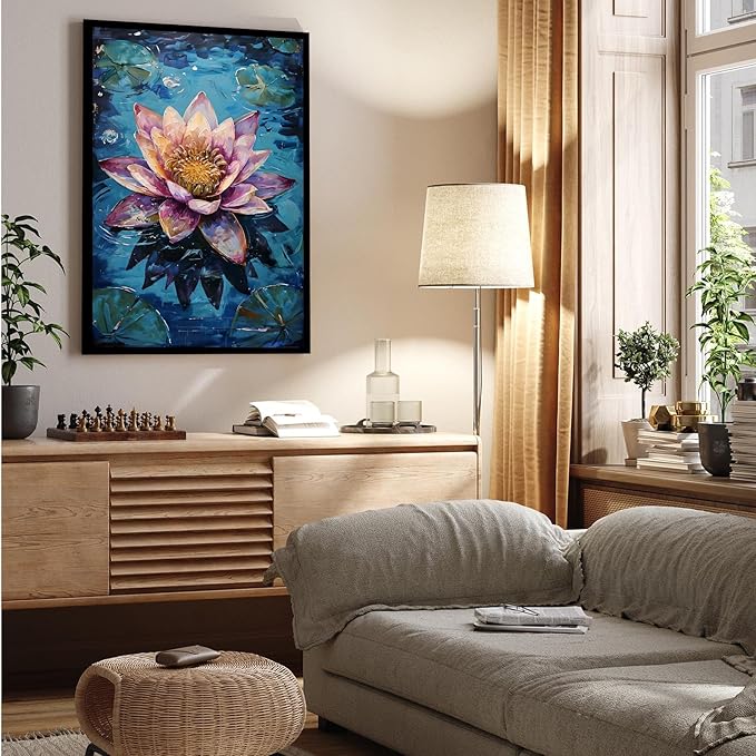 Gorgeous pink and purple water lilies on deep blue water Eye-catching oil painting Serene aquatic wall art for modern home decor 12x18in Metal blackFramed