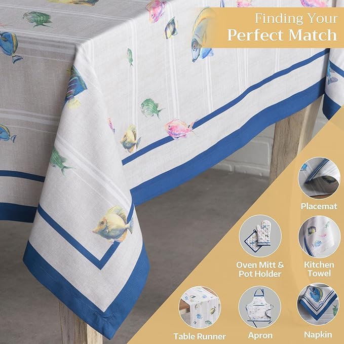 Maison d' Hermine Table Cloth Square Table 100% Cotton 54 x 54 Inches Tablecloth Reusable Decorative Everyday Use for Dining Room, Farmhouse, Home, Party, Festive & Wedding Spring Summer - Poisson