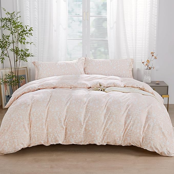 SAPHREAS Pink Botanical Plants Duvet Cover 3pcs Soft Microfiber White Floral Animal Printed Pattern Comforter Set with Zipper Ties King Size 1 Duvet Cover 2 Pillow Shams