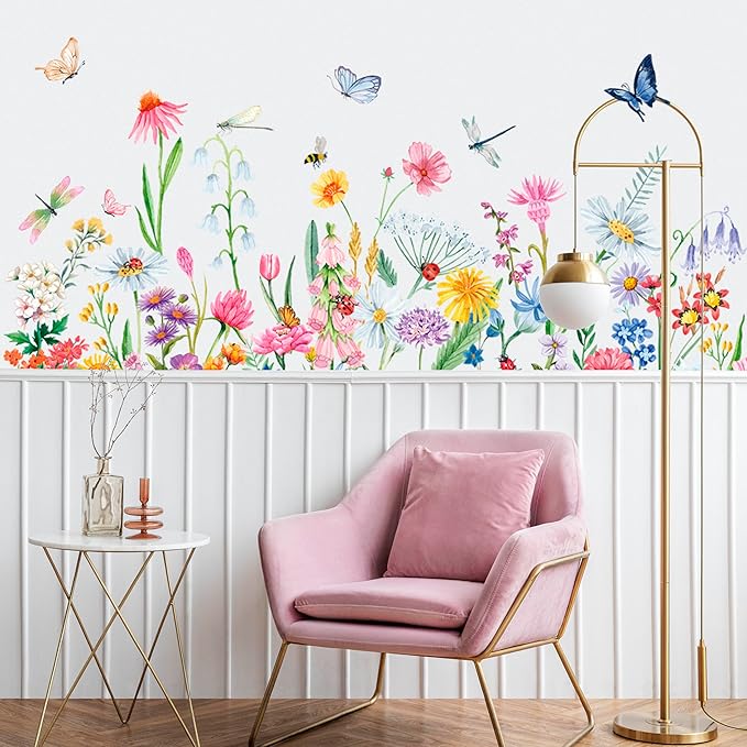 9 Pcs Flowers Wall Decals Peel and Stick, Colorful Wildflower Dragonflies Floral Wall Stickers for Living Room Bedroom Baby Nursery