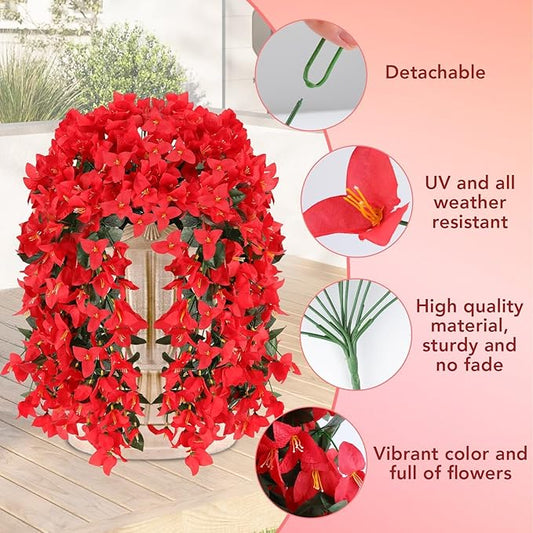Artificial Bougainvillea Flowers for Outdoor Plant,12 pcs Faux Hanging Flowers Bougainvillea for Outside Decoration,Fake Silk UV Resistant Vines for Front Door Porch(Red)